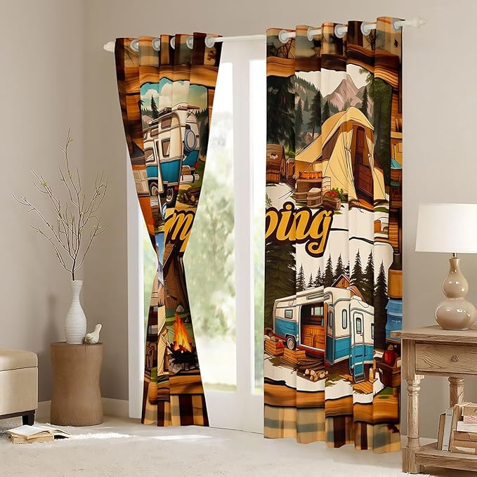 jejeloiu Rustic Cabin Camper Pattern Blackout Curtains 30%-50% Camping RV Darkening Drapes for Bedroom Living Room Campfire Tent Thermal Insulated Shades Outdoor Camping, 2 Panels 42 x 90 Inch