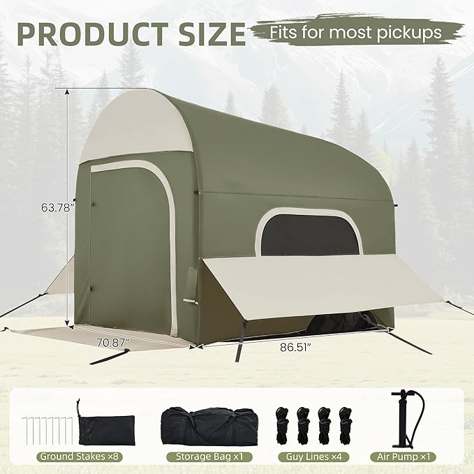 Inflatable Truck Bed Tents 5.5 ft–8 ft with Air Pump, 3-Minute Fast Setup Pickup Truck Tent for Camping, Dual-Use Truck Bed Tent & Ground Tent, Waterproof All-Weather