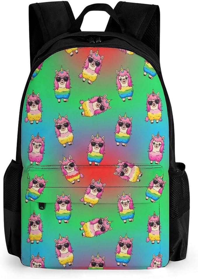 Rucksacks Polyester Anti-Theft Multipurpose Cute Funny Llama Rainbow Alpaca Unicorns Carry On Bag Large Capacity Gym Outdoor Hiking Backpack With Smooth Zippers