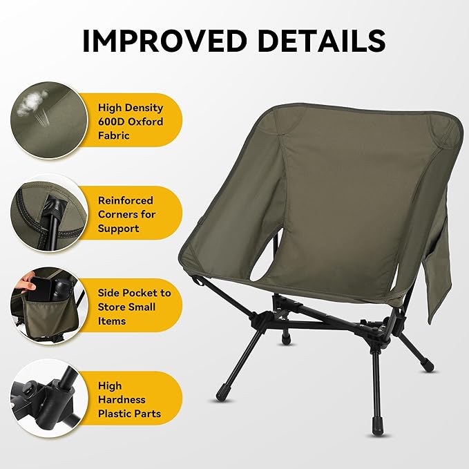 Ultralight Camping Chair, Portable Folding Backpacking Chair, Compact Camping Chair with Carry Bag for Outdoor Camp Hiking Backpack Beach Travel (Army Green)