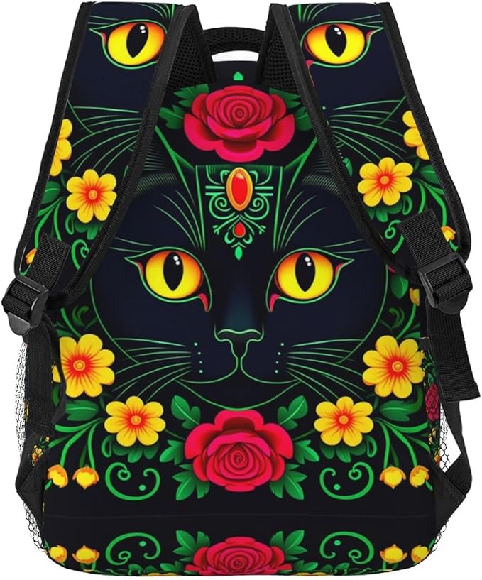 Backpack Anti-Theft Multipurpose Large Capacity Carry On Bag, Day Of The Dead Black Cat Red Floral Art Camping Outdoor Backpack With Side Pockets