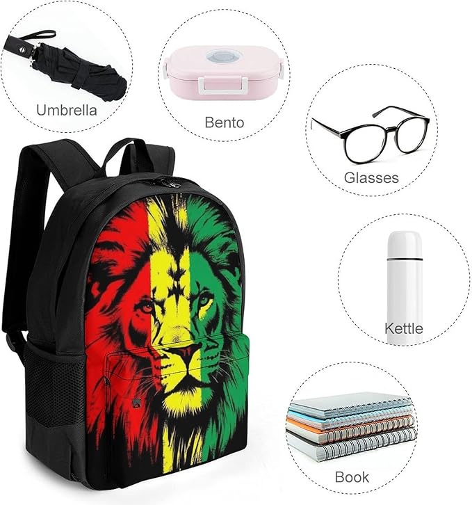 Lightweight Daypack Backpack for Sports Travel Running, Large Capacity Multipurpose Anti-Theft Bookbag, Reggae Rasta Flag Lion Laptop Backpack Daypack