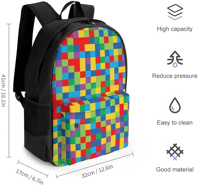 Daypack Backpack Anti-Theft Multipurpose Big Capacity Bookbag, Colorful Rainbow Blocks Business Computer Bag With Side Pockets