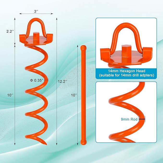 FEED GARDEN 12.2 Inch Spiral Ground Anchors Heavy Duty Screw in Spiral Stakes, 4 Pack Folding Ring Ground Stakes for Securing Dogs,Tents, Trampolines, Canopies, Swing Sets,Orange