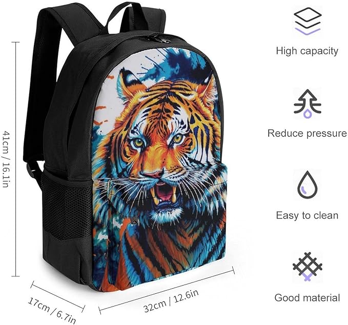 Supdreamc Lightweight Daypack Backpack for Sports Travel Running, Large Capacity Multipurpose Anti-Theft Bookbag, Blue Fierce Wild Tiger Animal King Art Laptop Backpack Daypack