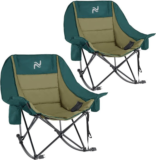 Oversized Rocking Camping Chair for Adults - 330lbs Capacity Heavy Duty Padded Recliner - Folding Lawn Chair with Cooler Bag and Pockets - Portable Rocker Chair Outdoor for Camp Patio Backyard