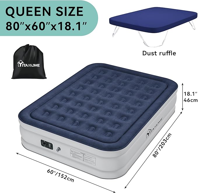 YITAHOME Queen Air Mattress with Sheet, 18 Inch Inflatable Mattress with Built-in High-Speed Pump, Carrying Bag and Patch Tools, Luxurious Elevated Inflatable Bed for Home Travelling and Camping