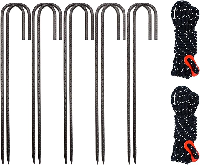 10 Pack 12 Inch Trampoline Stakes Set - Trampoline Anchors with 2 Windproof Rope, Tent Wind Stakes - Galvanized Steel Anchors for Swing, Camping Tents, Soccer Goals, Black