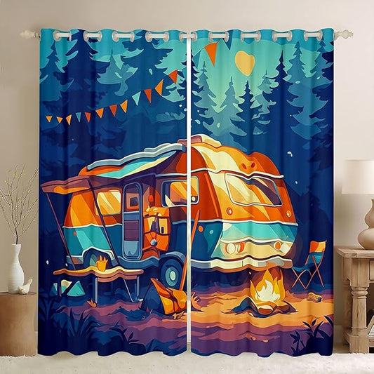 Feelyou Happy Camping Blackout Curtains Travel Car Rv Darkening Drapes for Bedroom Living Room Decor Camper Theme Thermal Insulated Shades Window Treatments, 2 Panels 38 x 45 Inch