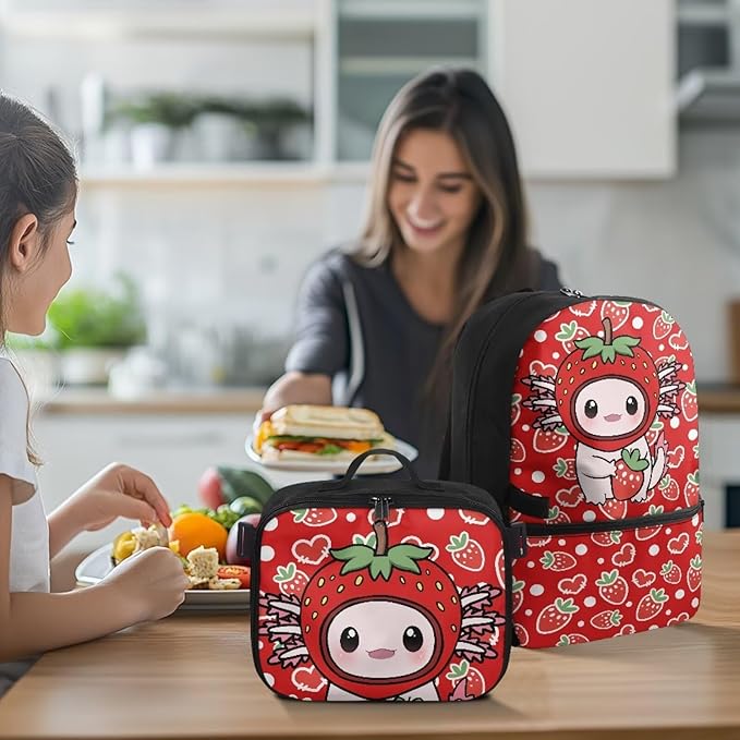 HUGS IDEA Strawberry Axolotl Backpacks for Girls Cute Kids Backpack with Lunch Box Cute Preschool School Bookbag for Kids 3-5 Large 17 Inch Schoolbag Lightweight Girls Book Bags Set