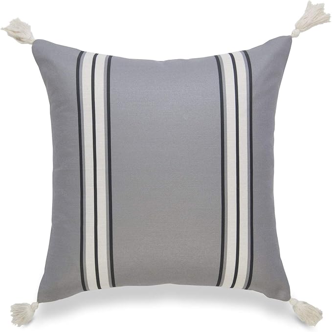 Hofdeco Neutral Decorative Throw Pillow Cover ONLY, for Couch, Sofa, or Bed, Dark Gray Striped Tassel, 20"x20"
