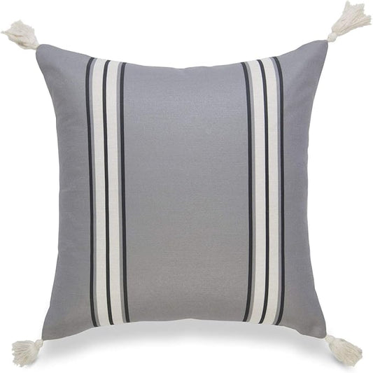 Hofdeco Neutral Decorative Throw Pillow Cover ONLY, for Couch, Sofa, or Bed, Dark Gray Striped Tassel, 20"x20"