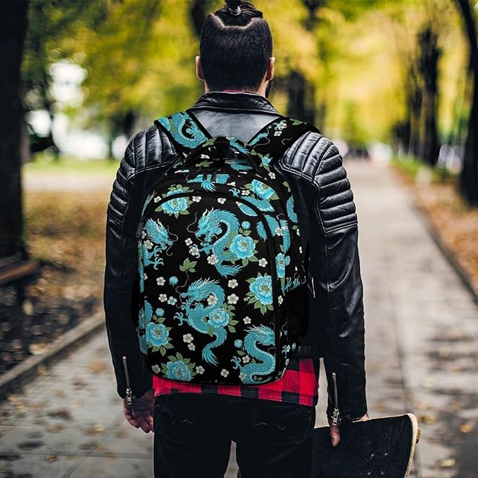 Nurse Teacher Travel Backpack Light Blue Flowers Cool Dragons Floral Purse, Cute Laptop Backpack with Tumbler Holder for Women College Work Casual Daypack