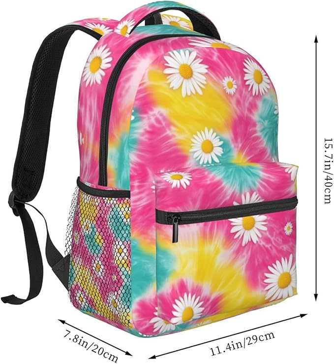 Men Women Polyester Daisy Flower Tie Dye Daypack Bookbag Big Capacity Shoulder Bag With Padded Straps for Climbing Travel Walking Cycling