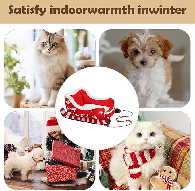 Christmas Sleigh Dog Cat Beds, Christmas Themed Pet Sleigh Bed, Festive Insulated Nest for Winter Holiday Puppy Animal Calming Sleeping Kitten Cold Weather Nights Indoor Rest