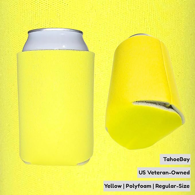 TahoeBay Blank Beer Can Cooler Sleeves (25-Pack) Bulk Sublimation Blanks for Vinyl Plain Soft Foam Can Sleeves Coolers for Soda Cans & Bottles Black, White, Assorted Solid Color (Yellow)
