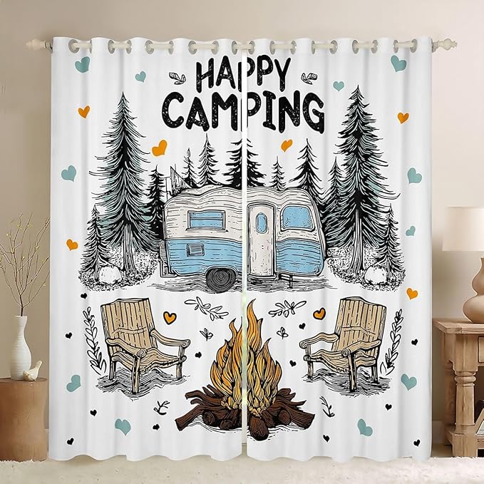 Feelyou Camping Camper Rv Curtains for Bedroom Living Room Happy Camping Blackout Shades Rustic Farmhouse Room Darkening Curtain Window Treatments, 2 Panels 52 x 90 Inch Decor
