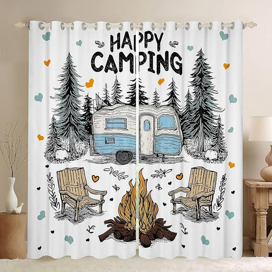 Feelyou Camping Camper Rv Curtains for Bedroom Living Room Happy Camping Blackout Shades Rustic Farmhouse Room Darkening Curtain Window Treatments, 2 Panels 52 x 96 Inch Decor