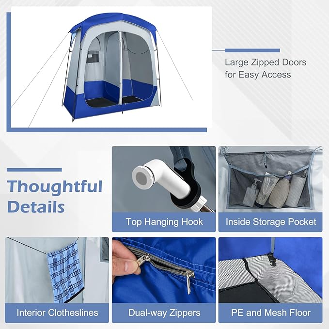 Goplus 2 Room Shower Tent, Portable Camping Changing Shelter with Floor Drain,Detachable Rain Fly, Stakes & Ropes, UV Protection, Water Resistant Privacy Tent for Outdoor Toilet, Dressing (Navy)