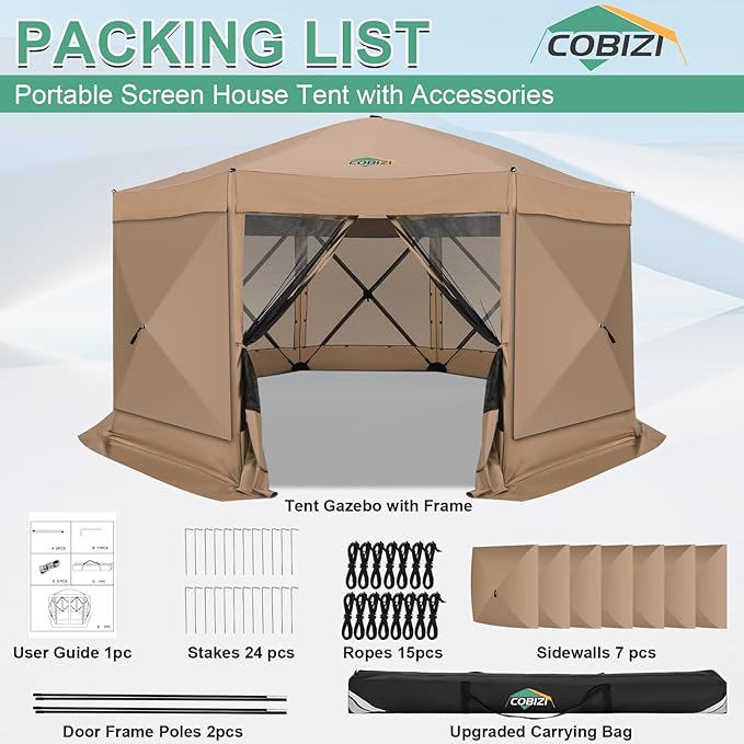 COBIZI 15x15 FT Pop Up Gazebo - Canopy Tent, Large Gazebos On Clearance with Sidewalls,carpas para Patio,Screened in Gazebo,Portable Screen Tents for 12-15 Persons Outdoor Camping, Backyard, Khaki