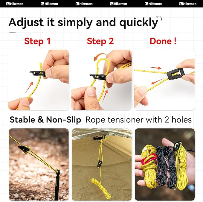 Hikeman Tent Guy Ropes 2mm-Ultralight Strong Guy Lines with Tensioner Reflective UHMWPE Fiber Tent Cord for Camping, Hiking, Backpacking Rope (Red, 39 Feet Cord & 6 Pcs Tensioner Kit)