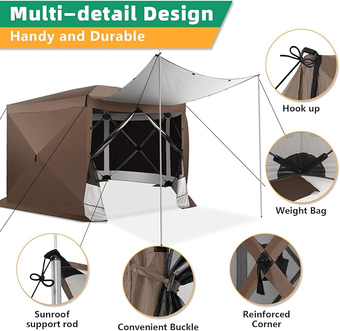 COBIZI 12x12FT Pop Up Gazebo Screen Tent Screen House for Camping, Screen Room with Mosquito Netting, Hub Tent Instant Screened Canopy with Carrying Bag and Ground Stakes, Brown(Upgraded)