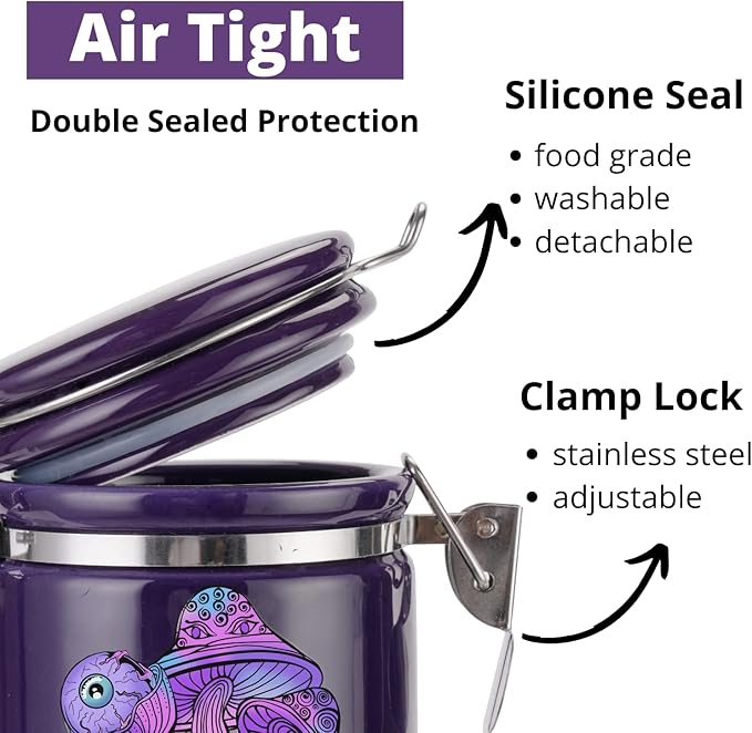 Mushroom Smell Proof Container Half Oz (250ml), Separate Space for Humidity Pack To Keep Herbs Fresh For Months - Cute Girly Stash Jar, Smell Proof Case Airtight Storage Holder Accessories - Purple