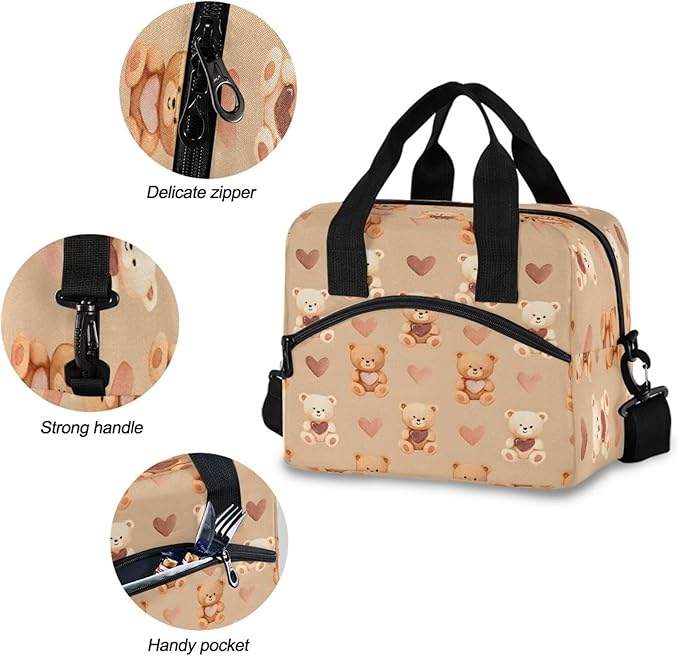 ALAZA Bear Heart Lunch Box for Men Women Adults Insulated Lunch Bag Cooler Bag with Adjustable Shoulder Strap for Work Picnic Travel