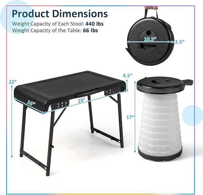 Tangkula 3 Piece Camping Set, Folding Table with 2 Collapsible LED Stools, Carry Handle, Portable & Lightweight for Outdoor Hiking Camp Picnic Fishing