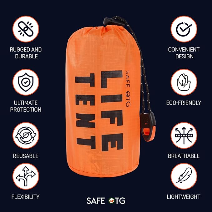 Emergency Survival Tent Life Shelter 2 Person Mylar Tube Tents Tarp with Whistle & Paracord Year-Round All Weather Protection for Car Outdoor Hiking Camping Gear Equipment