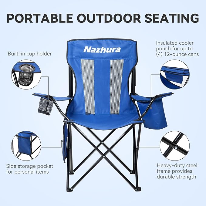 Nazhura 4 Pack Outdoor Camping Chairs Folding/Foldable/Portable with Cooler Pouch, Mesh Backrest and Cup Holder Pocket(Blue, 4 Pack)