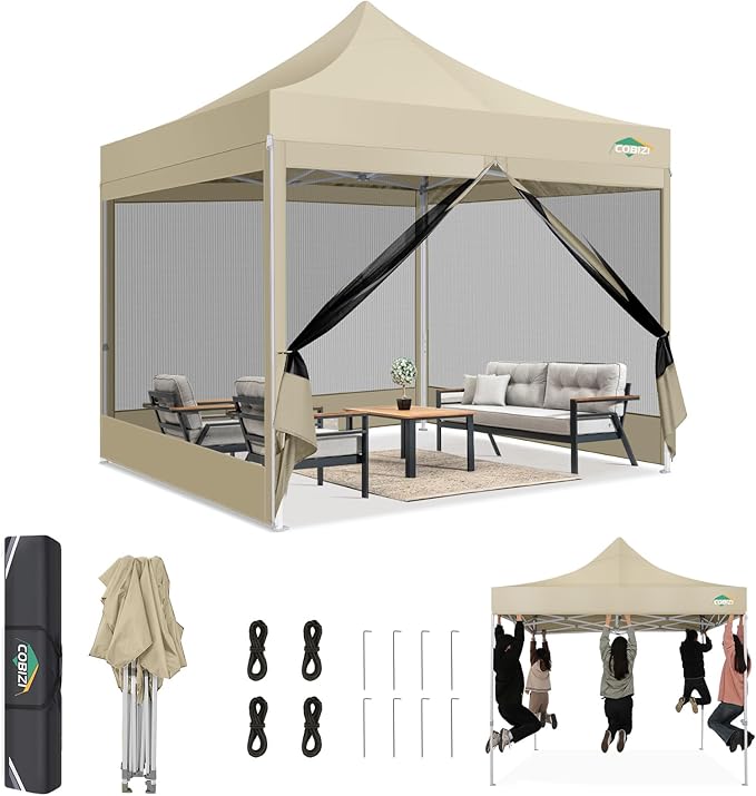 COBIZI 10x10 Canopy Tent, Heavy Duty Pop up Canopy with Sidewalls, Waterproof Easy Setup Canopy with Mosquito Netting, Outdoor Instant Screen Tents for Parties, Wedding, Backyard with Carry Bag, Khaki