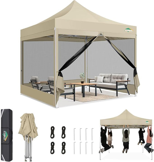 COBIZI 10x10 Canopy Tent, Heavy Duty Pop up Canopy with Sidewalls, Waterproof Easy Setup Canopy with Mosquito Netting, Outdoor Instant Screen Tents for Parties, Wedding, Backyard with Carry Bag, Khaki