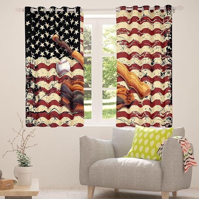 Manfei Baseball Blackout Curtains Vintage American Flag Window Drapes,Ball Sports Gaming Theme Window Treatments,Kids Boys Girls Room Decor,Grommet Top 2 Panel Set Bedroom Curtains, 38Wx45L inch