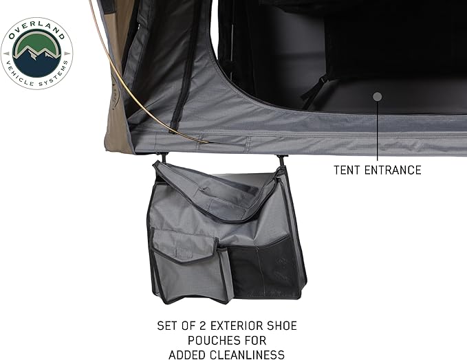 Overland Vehicle Systems Bushveld Hard Shell Clam Shell Roof Top Tent with Aluminum Base Dark Grey Body and Green Rainfly - 4 Person Tent - Four Seasons Ready