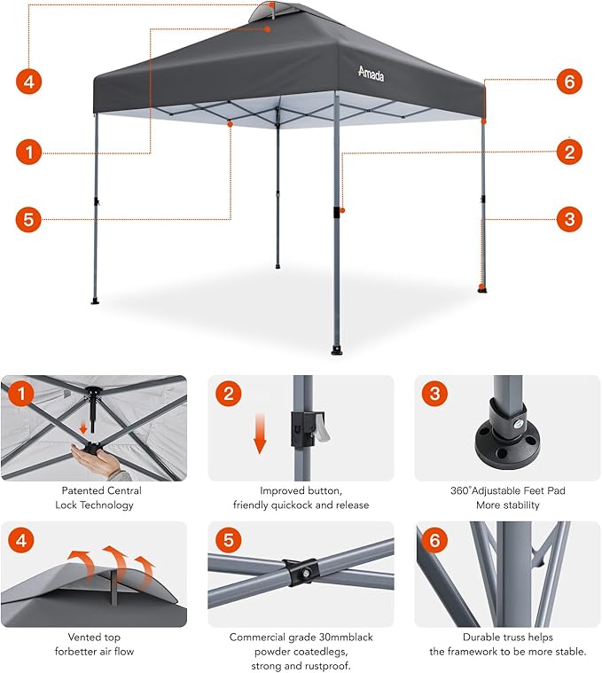 Amada 12x12 Pop Up Canopy - Center Lock One Push Instant Setup Gazebo Outdoor Canopy Beach Tent with STO-N-Go Bag 8 Stakes & 4 Sand Bags, 3-Height Adjustable Shade Shelter (12x12ft, Grey)