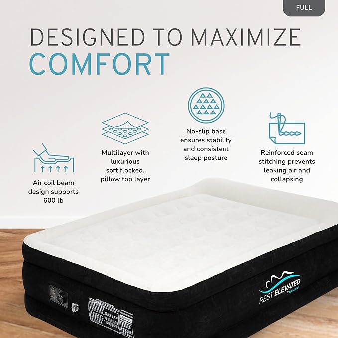 RestElevated Luxury Pillow Top Full Size Air Mattress with Built in Pump | 20" Raised Height with Coil Beam Support | Adjustable Blow Up Air Bed | for Home, Guests and Camping [Black with Cream Top]