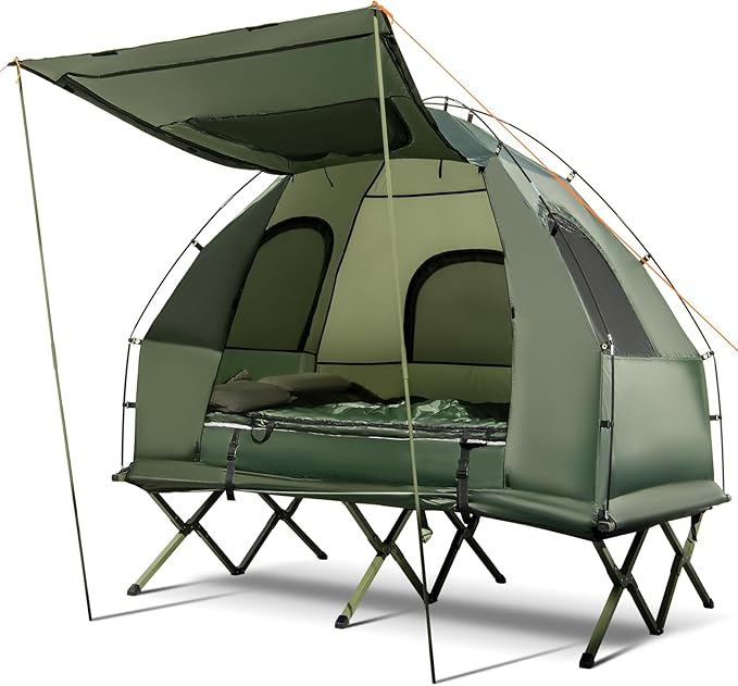 Tangkula 5-in-1 Tent Cot Combo With Awning, Air Mattress, Sleeping Bag, Pillow, Elevated Single Tent With Carrying Bag for Outdoor Camping, Hiking, Picnic, Travel