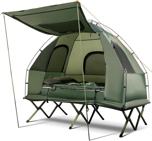 Tangkula 5-in-1 Tent Cot Combo With Awning, Air Mattress, Sleeping Bag, Pillow, Elevated Single Tent With Carrying Bag for Outdoor Camping, Hiking, Picnic, Travel
