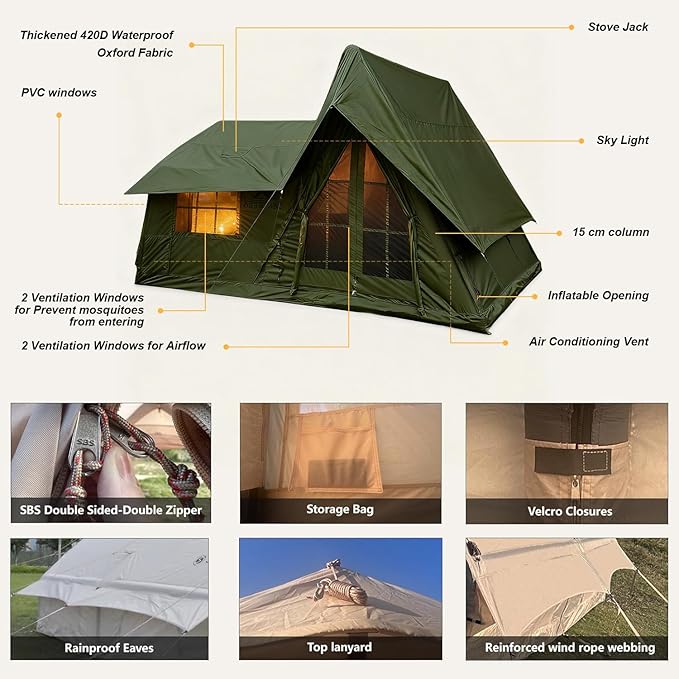 Inflatable Tents for Camping 8-10 Person, Luxury Inflatable Tent House with Stove Jack, Waterproof Portable Inflatable Camping Tent with Rainfly