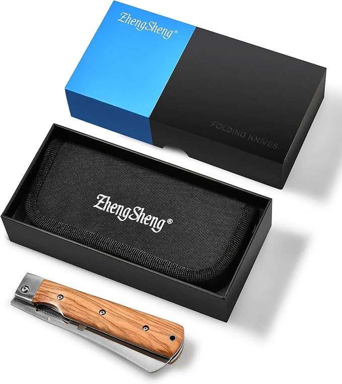 Folding Chef Knife with Nylon Pouch 4.8” Ultra Sharp 440A Stainless Steel Blade Natural Olive Handle Pocket Foldable Japanese Style Kitchen Knife for Outdoor Camping BBQ trip Cooking.