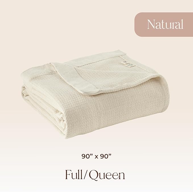 100% Organic Cotton Blanket - GOTS & Fairtrade Certified Organic Cotton Throw Blanket for Bed with Soft Warm & Breathable Single Knit Weave - Great as Bedspread or Coverlet (Natural, Full/Queen)