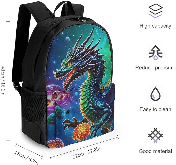 Supdreamc Rucksack Polyester Anti-Theft Multipurpose Cool Dragon With Fire Ball Art Bookbag Big Capacity Travel and Sport Backpack Rucksack With Side Pockets