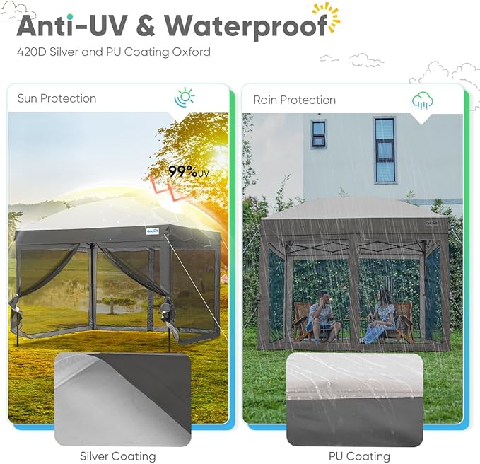 Quictent 10x10 Pop up Canopy Tent with Netting, Auto-Close Magnetic Doors, One Person Instant Setup Screen House Room Tent Screened Waterproof