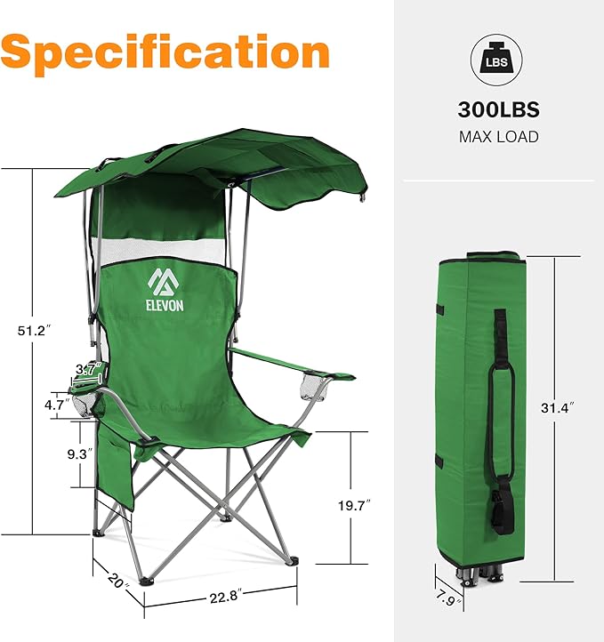 Elevon Camping Chair, Oversized Folding Chair with Canopy, Portable Outdoor Chair with Arms, Cup Holder and Carry Bag for Camping, Fishing, Beach, and Sports, Jasper