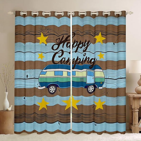 Erosebridal Camper Car Window Drapes Happy Camping Blackout Curtains 38" Wx54 L Retro Wooden Board Stars Print Curtains for Bedroom Living Room,Summer Camp Rustic Farmhouse Window Treatments 2 Panels