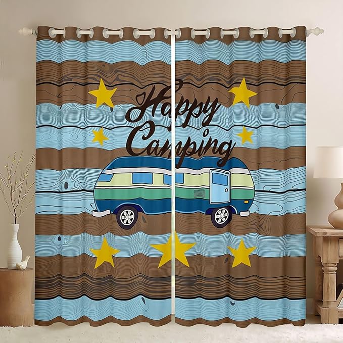 Erosebridal Camper Car Window Drapes Happy Camping Blackout Curtains 42" Wx84 L Retro Wooden Board Stars Print Curtains for Bedroom Living Room,Summer Camp Rustic Farmhouse Window Treatments 2 Panels