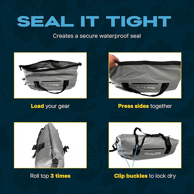 Malo’o Waterproof Dry Duffel, Heavy-Duty Roll Top Waterproof Gear Bag with Shoulder Strap & Molle Loops, Marine Duffel for Kayaking, Boating, Camping, Beach & Travel, Grey, 40L