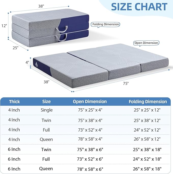 Cooling Foldable Mattress, 4 Inch Memory Foam Mattress/Topper with Cold Breathable Effect, Trifold Mattress for Murphy Bed, Portable Folding Floor Bed for Guest, Camping, Travel, Yoga - Twin