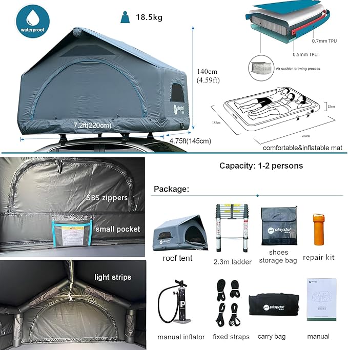 PlayDo Air Tents for Camping Rooftop Tent Easy Setup Inflatable Roof Tent Blow Up Car Top Tent for Pickup Truck SUV with Strip Light, Ladder, Air Mattress
